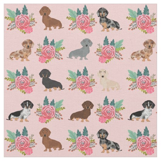 Tissu Chiens de Dachshund flore rose (Fermer)