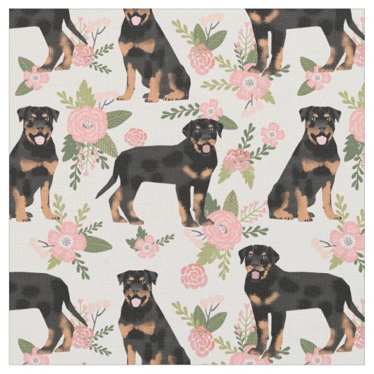 Tissu Chiens de Rottweiler flores de pêche (Fermer)