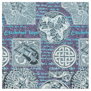 Tissu Chiens et chevaux celtiques dans le bleu