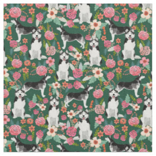 Tissu Chiens Husky vintage floral vert