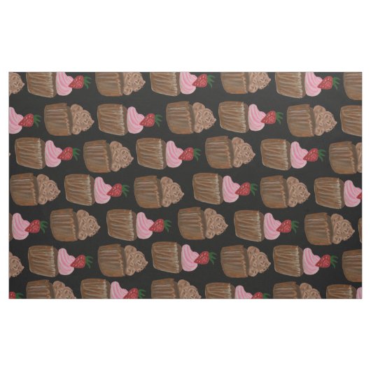 Tissu Chocolat Cupcake Motif de fraises Noir (Fat Quarter)