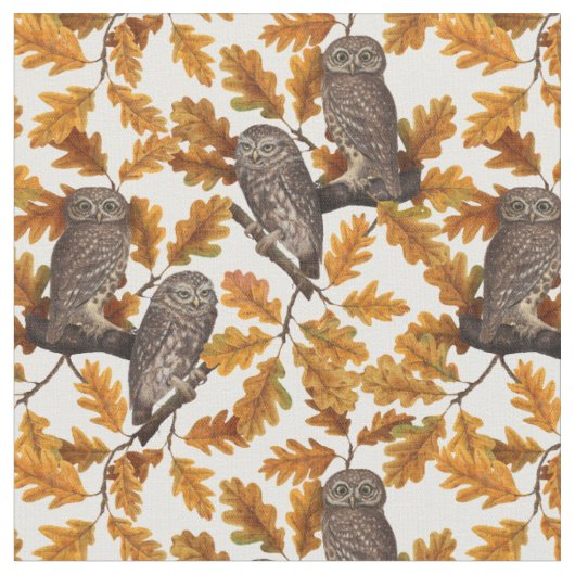 Tissu Chouettes d'automne sur coton blanc (Fermer)