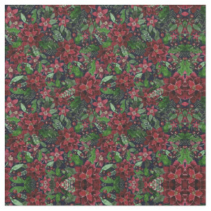 Tissu Christmas Burgundy Poinsettia Flowers Watercolor