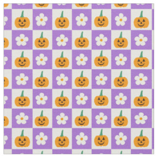 Tissu Citrouilles d'Halloween à carreaux et fleurs rétro