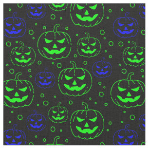 Tissu Citrouilles verts et bleus sur noir 