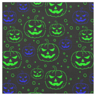 Tissu Citrouilles verts et bleus sur noir