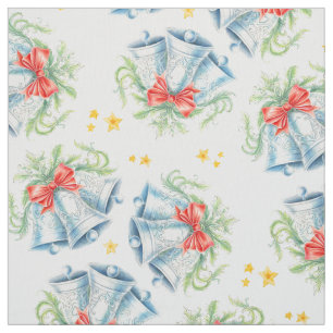 Tissu Clochettes argentées de Noël et rubans rouges en a