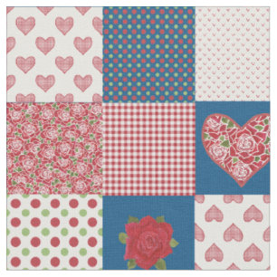 Tissu Coeurs et Roses rouges Faux Motif de Patchwork
