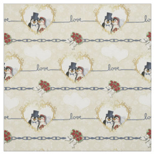 Tissu Coeurs Mariages Pingouins Sur Beige