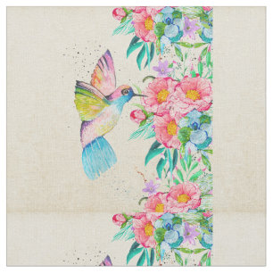 Tissu Colibri et fleurs d'aquarelle