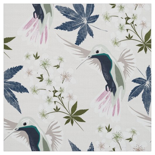 Tissu Colibris et fleurs blanches. (Échantillon)