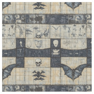 Tissu Collage en denim de crâne gothique et de chauve-so