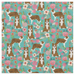Tissu collie brun chien vintage floral turquoise