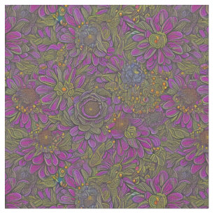 Tissu Conception florale rétro violet et verte