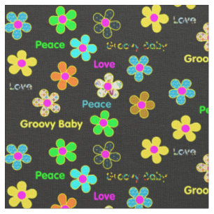 Tissu Copie super psychédélique noire des fleurs 60s