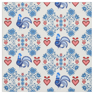 Tissu Coq folk/Cockerel /floral bleu/rouge, coeurs 4"