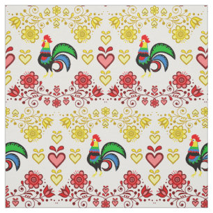 Tissu Coq folklorique/Cockerel or/rouge floral, coeurs/4