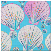 Tissu Coques de mer roses et blanches sur turquoise (Fermer)