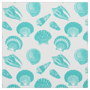 Tissu Coquillages - aqua mol et blanc