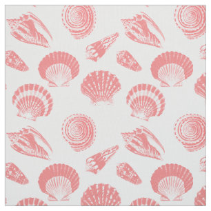 Tissu Coquillages - corail rose et blanc