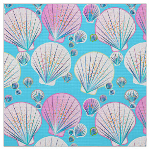 Tissu Coquilles de mer rose et blanche sur la turquoise