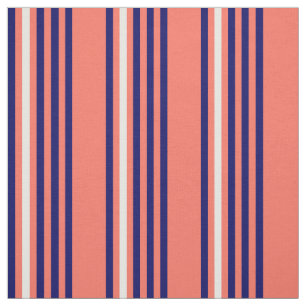 Tissu Corail, bleu marine et blanc cinq bandes motif