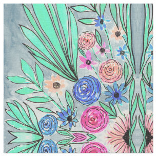 Tissu Corail rose bleu vert Aquarelle Art