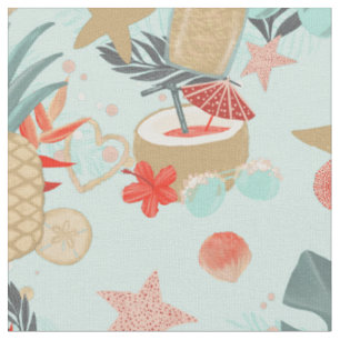 Tissu Coral Red et Mint Beach Motif