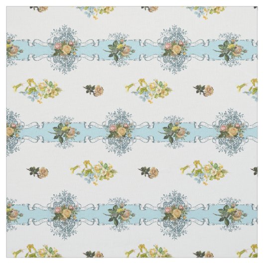 Tissu Cottage Chic Roses Jaunes et Rubans Bleus (Échantillon)