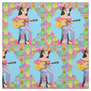 Tissu Country Western Chanter Cowgirl Avec Guitare