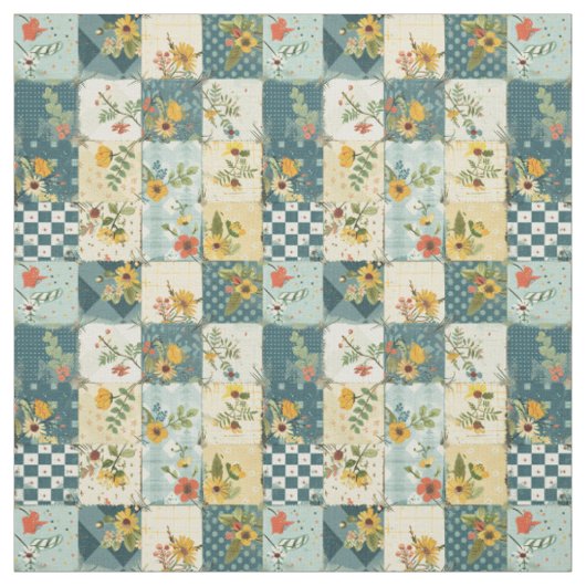 Tissu Courtepoint Patchwork Bleu Jaune Vert Vintage (Échantillon)