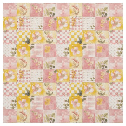 Tissu Courtepoint vintage patchwork rose pastel jaune (Échantillon)