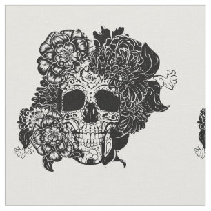 Tissu Crâne à sucre avec fleurs en noir et blanc