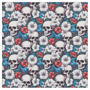 Tissu Crânes à fleurs rouges et blanches
