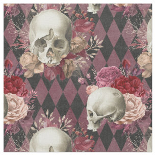 Tissu Crânes blanches florales et roses sombres À dami