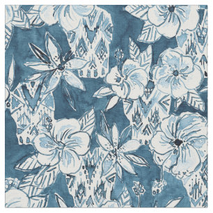 Tissu CRÂNES DANS le motif tropical de ketmie de marine