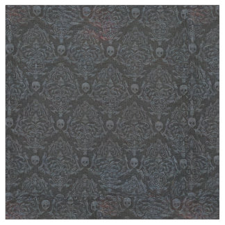 Tissu Crânes d'horreur surréalistes, gris sur noir 