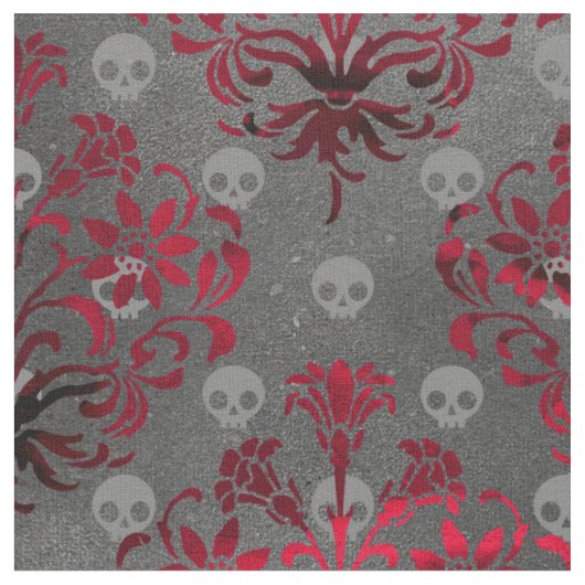 Tissu Crânes et Damas rouges sur gris (Fermer)