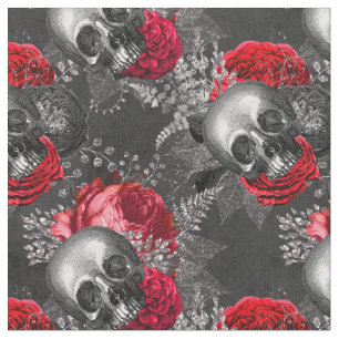 Tissu Crânes et fleurs rouges sur gris