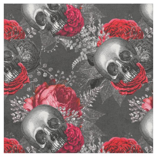 Tissu Crânes et fleurs rouges sur gris (Fermer)