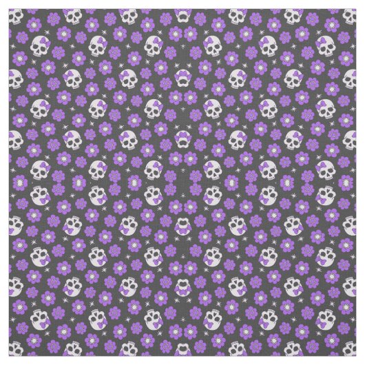 Tissu Crânes et fleurs violettes (Échantillon)