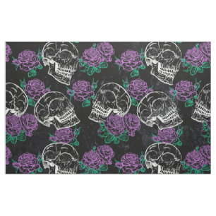 Tissu Crânes et Roses pourpres Brillant gothique foncé
