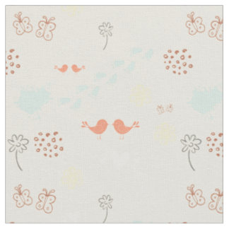 Tissu Crème rétro coloré motif d'oiseaux, points, pieds