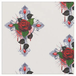 Tissu Croix d'argent avec une rose rouge
