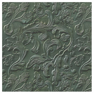 Tissu Cuir floral rustique vert foncé travaillé