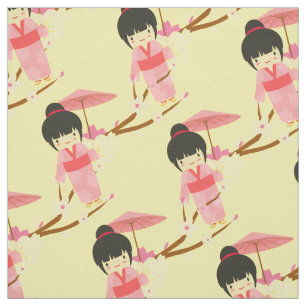 Tissu Cuisine japonaise rose cerise en fleurs Geisha