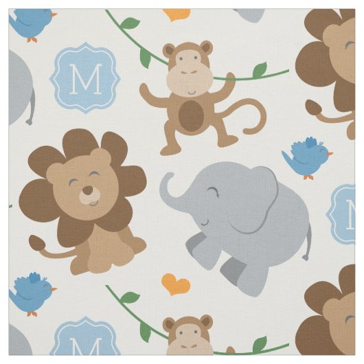 Tissu Cute Blue Jungle Animaux Baby Boy Custom Monogramm (Échantillon)