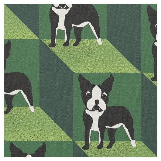 Tissu Cute Boston Terrier sur des cubes verts (Fermer)
