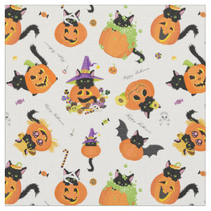 Tissu Cute Halloween Citrouille Chat noir