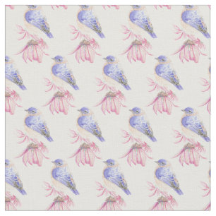 Tissu Cute Little Watercolor Fleur de bleuet Oiseau Natu